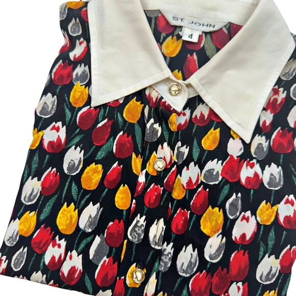 St. John Silk Blend Floral Tulip Long Sleeve Button Up Top Blouse Sz 4 Career - Picture 1 of 7